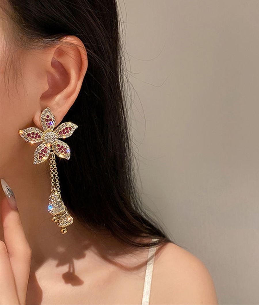 Pink Flower Rhinestone Danglers