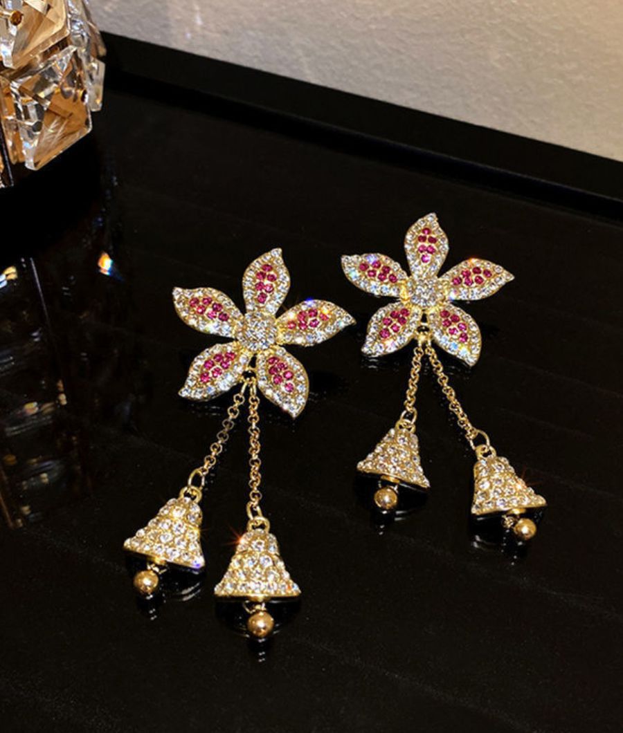 Pink Flower Rhinestone Danglers