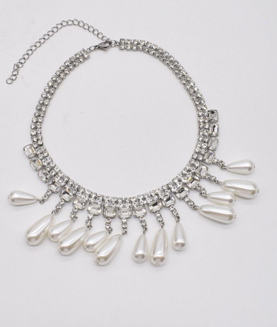 Statement Rhinestone Necklace Pearl drops