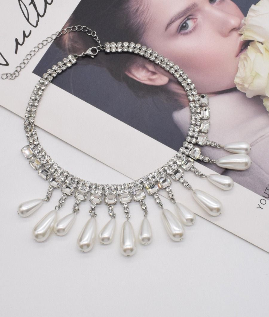 Statement Rhinestone Necklace Pearl drops