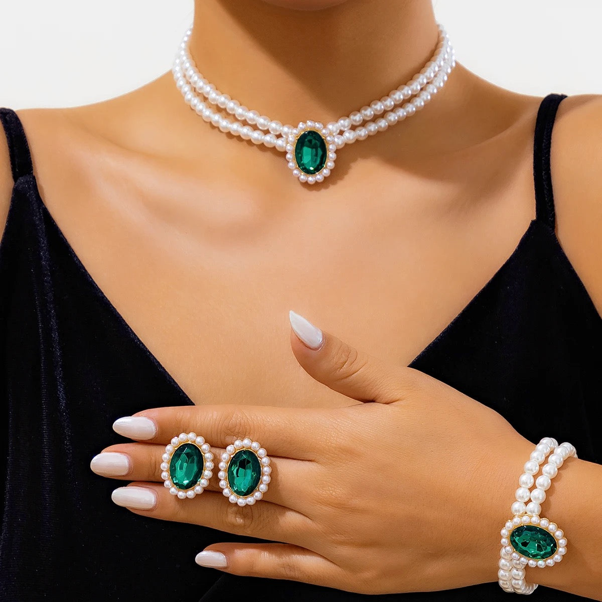 Faux Pearl & Aquamarine Crystal Jewelry Set