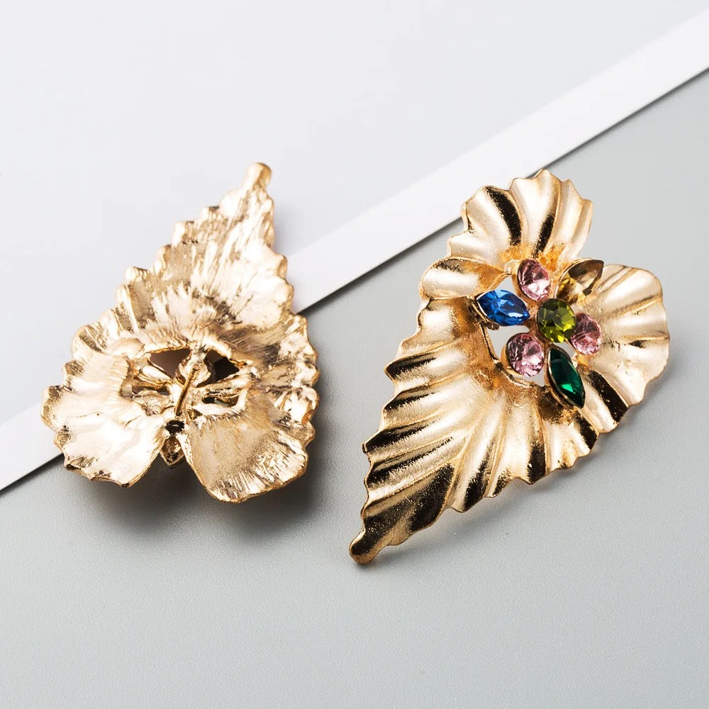 Gold Ribbed Leaf Stud